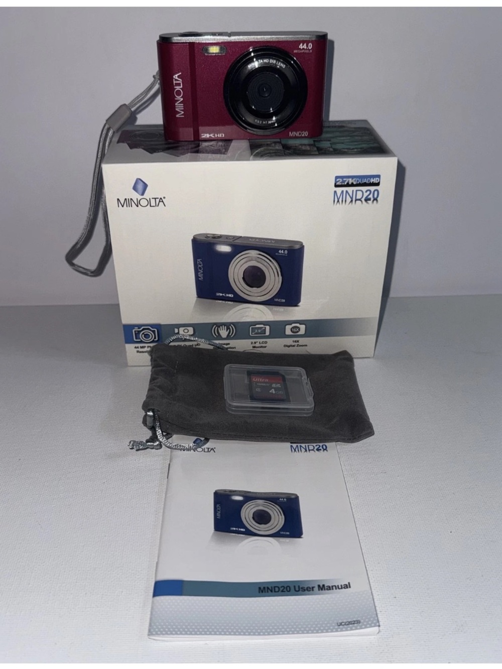 Minolta MND20 Digital Point-and-Shoot Camera Red 44MP 2K HD 4GB SDCARD BOX Read